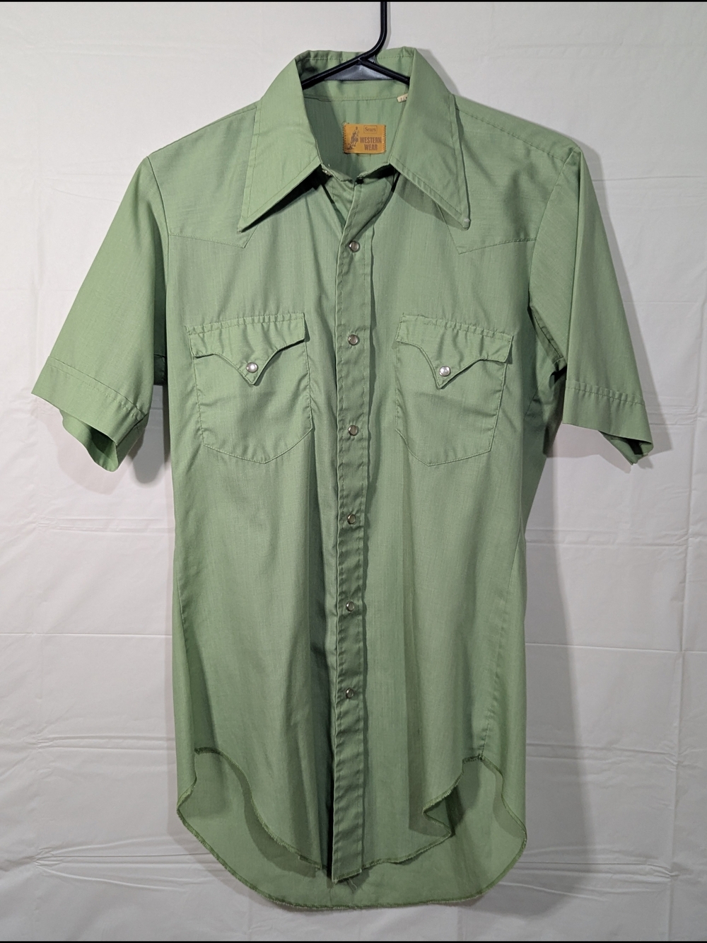 Vintage Sears Western Wear Pearl Snap Shirt Green Short Sleeve Cowboy Rockabilly